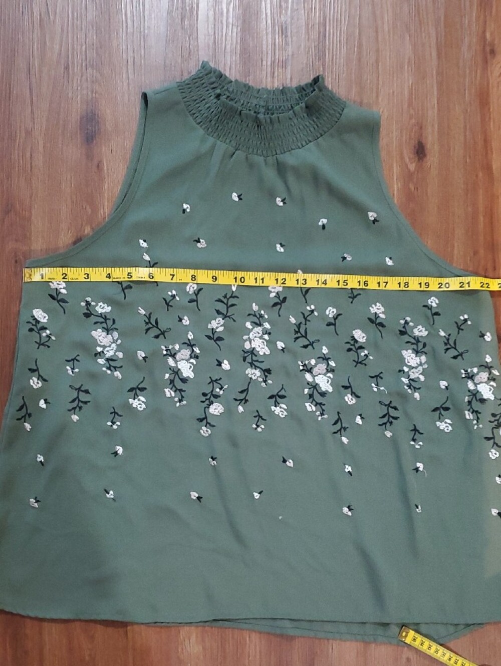 Chenault Olive Green High-Neck Sleeveless Floral Embroidered Top